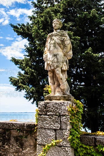 Castle garden, Duino Castle, with spectacular sea view, private residence of the Princes of Thurn und Taxis, Duino, Friuli, Italy, Duino, Friuli, Italy, Europe