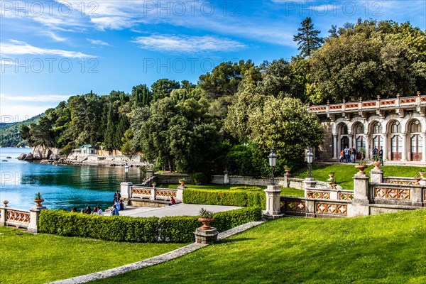 Park of Miramare Castle with marvellous view of the Gulf of Trieste, 1870, residence of Maximilian of Habsburg-Lorraine and Austria, princely living culture in the second half of the 19th century, Friuli, Italy, Trieste, Friuli, Italy, Europe