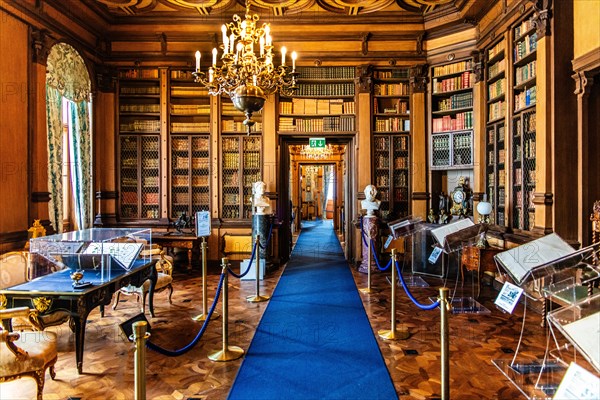 Library, neo-renaissance, neo-baroque style interiors, Miramare Castle with magnificent view of the Gulf of Trieste, 1870, residence of Maximilian of Austria, princely living culture in the second half of the 19th century, Friuli, Italy, Trieste, Friuli, Italy, Europe