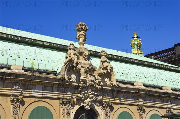Architectural detail of the roof section of the German Pavilion of the Dresden Zwinger, a jewel of Saxon Baroque, Dresden, Saxony, Germany, for editorial use only, Europe