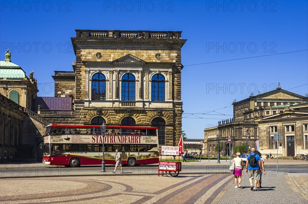 Ticket sales stand and stop for city tours on Sophienstrasse in front of the Dresden Zwinger, Inner Old Town, Dresden, Saxony, Germany, for editorial use only, Europe