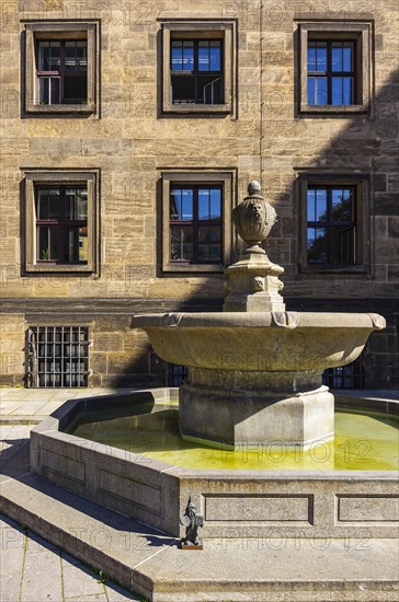 Dwarf of the 55-year town twinning between Dresden and Wroclaw at the town hall fountain, also known as the Hietzig fountain, between the town hall and the Kreuzkirche, Dresden, Saxony, Germany, Europe