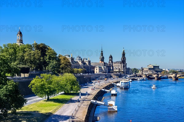 View of the historic old town ensemble on the Terrassenufer in Dresden, Saxony, Germany, Europe