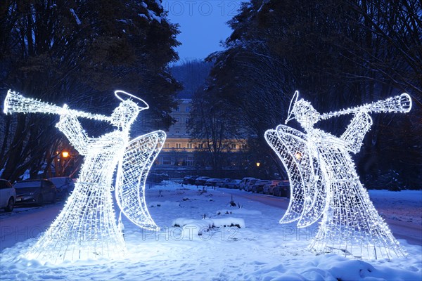 Illuminated Christmas angels, Karlovy Vary, Czech Republic, Karlovy Vary, West Bohemia, Czech Republic, Europe