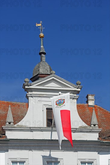 Baroque town hall with flag, spire and decorations, detail, market square, Iphofen, Lower Franconia, Franconia, Bavaria, Germany, Europe