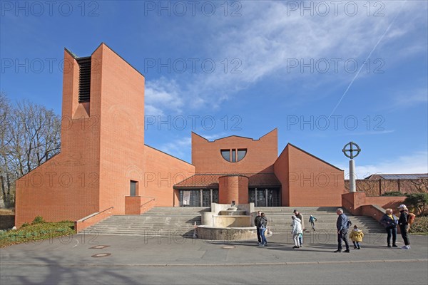 Modern St Michael's Church by architect Alexander von Branca 1987, Schwanberg Monastery, Casteller Ring community, brick building, tourists, people, families, Schwanberg, Steigerwald, Roedelsee, Iphofen, Lower Franconia, Franconia, Bavaria