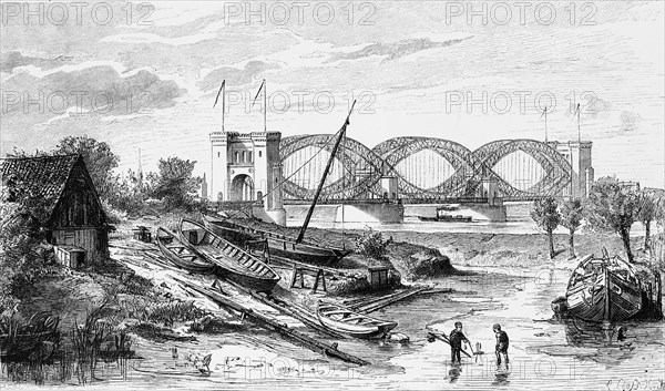 Paris railway bridge over the Elbe, metal construction, technology, bank, barges, building, steamboat, Hanseatic city of Hamburg, Germany, historical illustration 1880, Europe