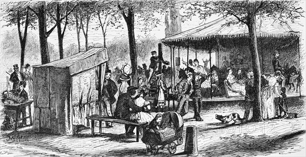 Amusement and market stalls on Hamburg hills in St. Pauli, carousel, leisure, many people, pram, stall, Hanseatic city of Hamburg, Germany, historical illustration 1880, Europe