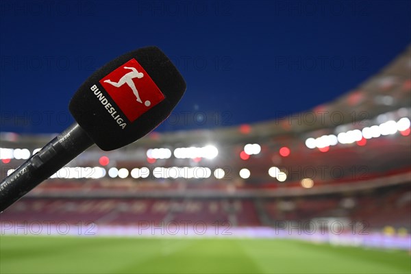 Microphone, microphone, logo, Bundesliga, interior, floodlit match, blue hour, MHPArena, MHP Arena Stuttgart, Baden-Wuerttemberg, Germany, Europe