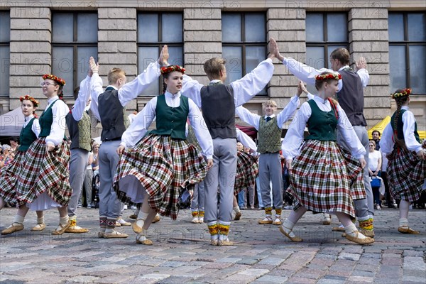 Riga. Ligo Festival. Folk dance groups on the city square, Riga, Latvia, Europe