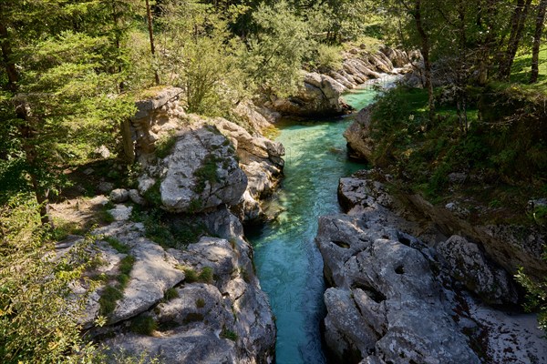 Soca River, narrow limestone gorge with rapids, small Soca troughs, Soca Valley, Mala korita Soce, Trenta Valley, Triglav National Park, Julian Alps, Slovenia, Europe