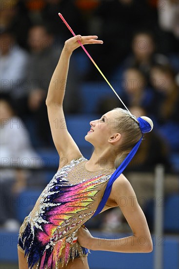 Kseniya Zhyzhych (POL), action, ribbon, rhythmic gymnastics, RSG, Schmiden International 2024, Fellbach, Baden-Wuerttemberg, Germany, Europe
