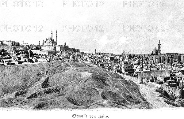 Citadel of Cairo, mosque, city view, minarets, hill, Egypt, Africa, historical illustration, Africa