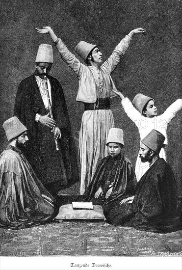 Dancing dervishes, Cairo, Egypt, group, music, flute, hat, Africa, historical illustration 1890, Africa