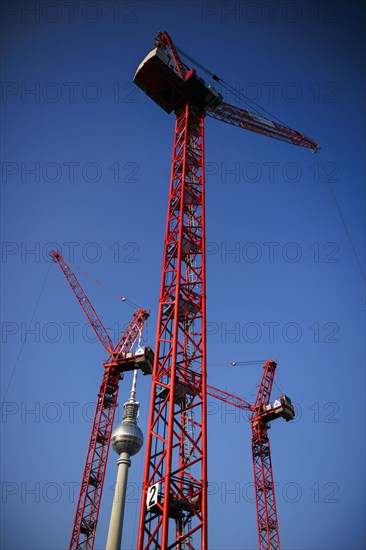 Symbolic photo on the topic 'Aeo Building in Berlin 'Aeo. Construction cranes stand on a building site on Alexanderplatz in front of the television tower. Berlin, 05.03.2024
