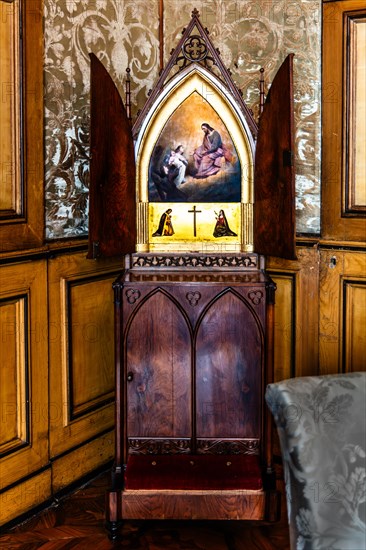 Charlotte's bedroom, interior in neo-renaissance, neo-baroque style, Miramare Castle with marvellous view of the Gulf of Trieste, 1870, residence of Maximilian of Austria, princely living culture in the second half of the 19th century, Friuli, Italy, Trieste, Friuli, Italy, Europe