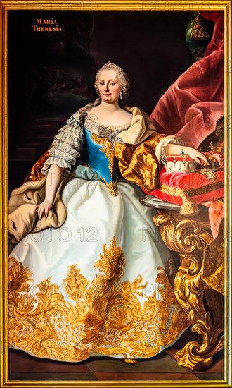 Painting showing Maria Theresa, Neo-Renaissance, Neo-Baroque interior, Miramare Castle with marvellous view of the Gulf of Trieste, 1870, residence of Maximilian of Austria, princely living culture in the second half of the 19th century, Friuli, Italy, Trieste, Friuli, Italy, Europe