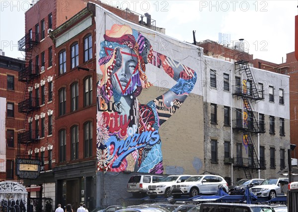 Mural with upper body of a woman, Big City of Dreams, SoHo neighbourhood, Manhattan, New York City, New York, USA, North America