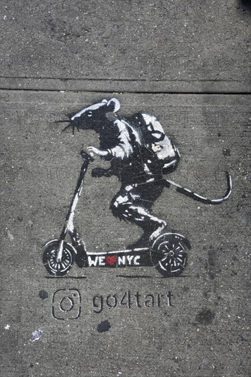 Graffiti on pavement, mouse with backpack on scooter with inscription We love NYC, SoHo neighbourhood, Manhattan, New York City, New York, USA, North America