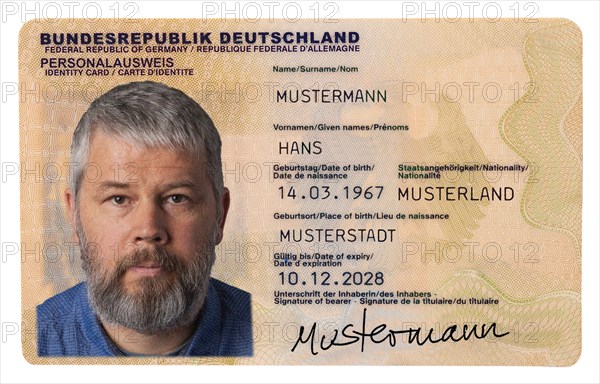 German Identity Card, Personalausweis, serial number was deleted, Name, Place of Birth and Signature are invention, fictitious, Germany, Europe