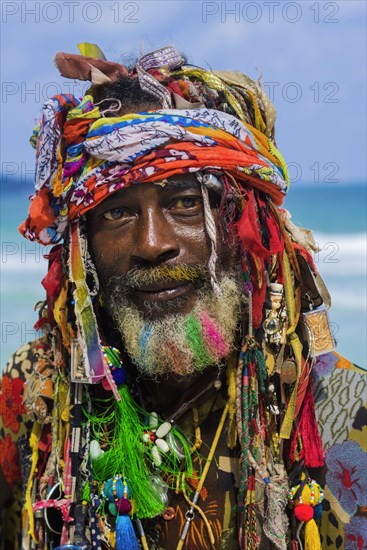 Portrait of a local, Rasta, reggae, Rastafarian, faith, clothes, colourful, hip, stylish, crazy, culture, subculture, music, portrait, head portrait, man, male, lifestyle, art, body art, smiling, flower child, hippie, Caribbean, face, beard, Koh Samui, Thailand, Asia