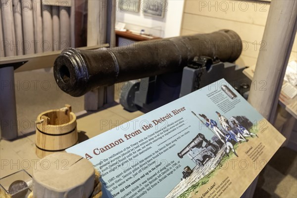 Lansing, Michigan, The Michigan History Museum. A British cannon recovered from the Detroit River in 1987 is on display