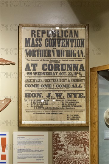 Lansing, Michigan, The Michigan History Museum. A poster advertises an 1856 Republican Party convention opposing slavery