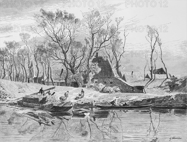 Canal in East Frisia, Lower Saxony, rural idyll, rowing boats, farmhouse, transport of peat, heating material, Germany, historical illustration 1880, Europe