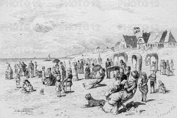 On the beach of Norderney, East Frisian island, Lower Saxony, beach life, summer, holidaymakers, recreation, sunshade, beach chairs, children, woman, men, hotels, dogs, Germany, historical illustration 1880, Europe