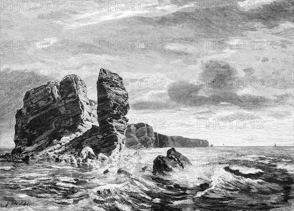 Heligoland Island, North Sea, Pinneberg district, red sandstone, rocks, Lange Anna, swell, wind, waves, spray, Schleswig-Holstein, Germany, historical illustration 1880, Europe