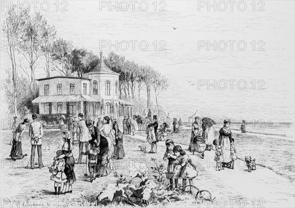 On the Heiligen Damm, lakeside, restaurant, holiday, spa guests, children, men, woman, couples, leisure, dog, pram, many people, Heiligendamm, Mecklenburg-Vorpommern, Baltic Sea, Germany, historical illustration 1880, Europe