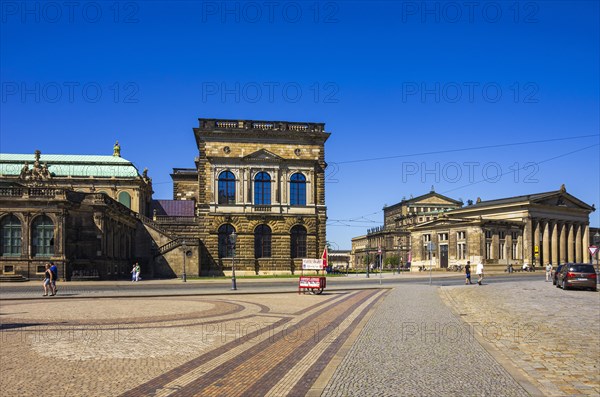 Ticket sales stand and stop for city tours on Sophienstrasse in front of the Dresden Zwinger, Inner Old Town, Dresden, Saxony, Germany, for editorial use only, Europe