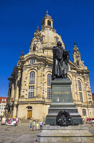 Statue of Doctor Martin Luther after Ernst Rietschel on the Neumarkt in front of the Church of Our Lady in Dresden, Saxony, Germany, Europe