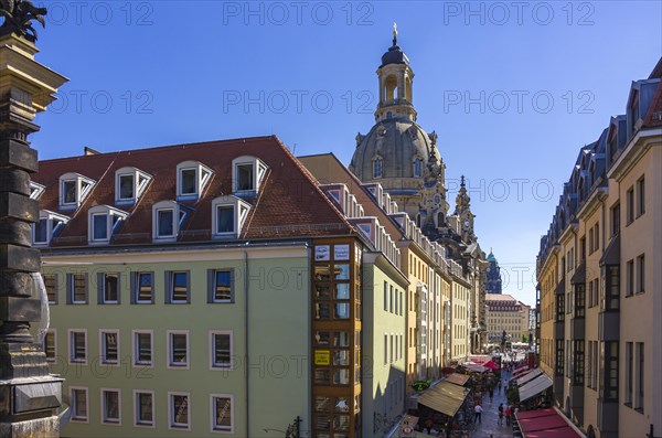 Picturesque view from Bruehl's Terrace through Muenzgasse to the Church of Our Lady in Dresden, Saxony, Germany, for editorial use only, Europe