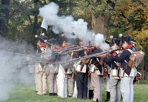 Actors in historical uniforms re-enact the battle in historical battle scenes on the 185th anniversary of the Battle of Leipzig in 1813, Leipzig, 17 October 1998