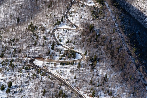 Aerial view, Col du Pas de la Graille, pass, road, snow, curvy, winter, Lure, Sisteron, France, Europe