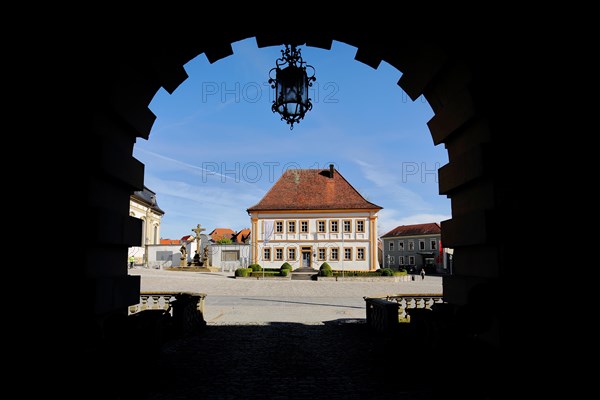 View of library through archway silhouette of castle, black, view through, battlements, Wiesentheid, Lower Franconia, Franconia, Bavaria, Germany, Europe