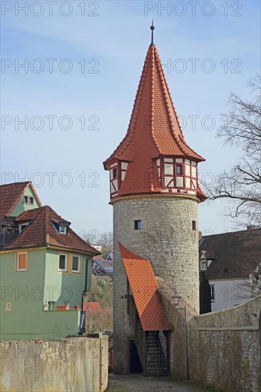 Flurersturm built in 1550 with town wall, town fortification, defence defence tower, Marktbreit, Lower Franconia, Franconia, Bavaria, Germany, Europe