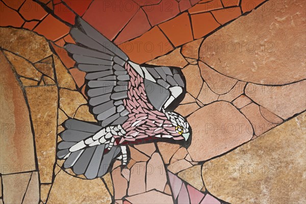 Wall mosaic with falcon in flight by Isidora Paz Lopez 2019, one, bird figure, flight, Common Kestrel, coloured falcon, handicraft, tiles, tiles, Lopez, rock staircase, bird staircase, Pirmasens, Palatinate Forest, Rhineland-Palatinate, Germany, Europe