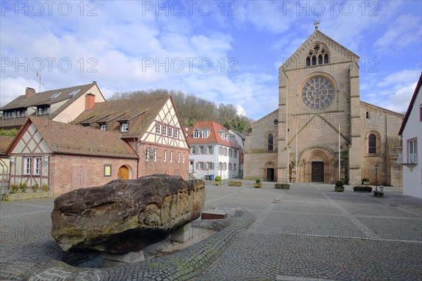 Romanesque abbey church with fountain stone, church square, Otterberg, Palatinate Forest, Rhineland-Palatinate, Germany, Europe