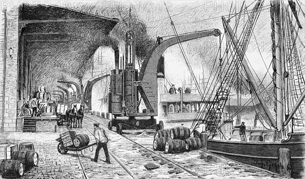 Steam-driven crane unloading ships in Hamburg harbour, quay, horse-drawn carriage, steam ship, sailing ship, warehouse, workers, barrels, smoke technology, Free and Hanseatic City of Hamburg, Germany, historical illustration 1880, Europe