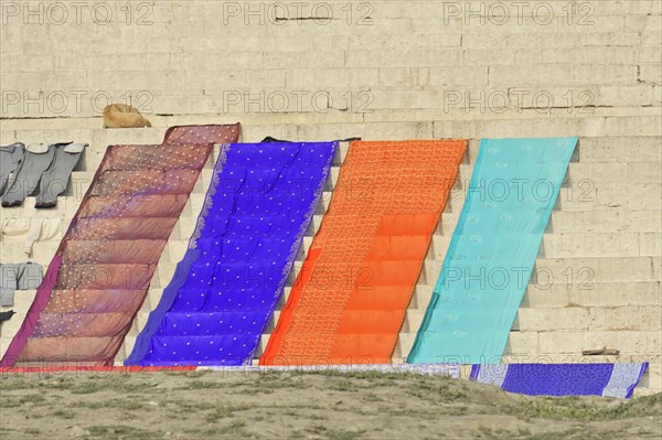 Colourful textiles are laid out to dry on the banks of a river, Varanasi, Uttar Pradesh, India, Asia