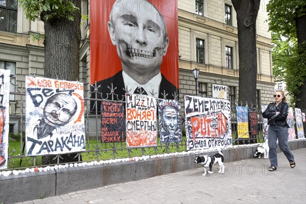 Riga. Protest posters opposite the Russian Embassy against Putin's war in Ukraine, Riga, Latvia, Europe