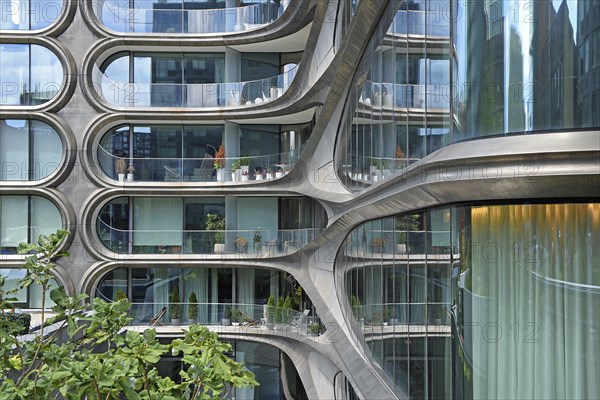 Facade of residential building 520 West 28th Street by architect Zaha Hadid, at High Line Park, Hudson Yards, Chelsea neighbourhood, West Manhattan, New York City, New York, USA, North America