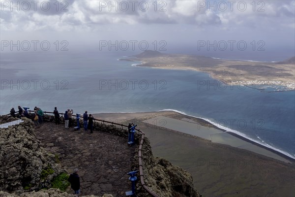 View from Mirador del Rio to Salinos del Rio and Isla Graciosa, Lanzarote, Canary Islands, Spain, Europe