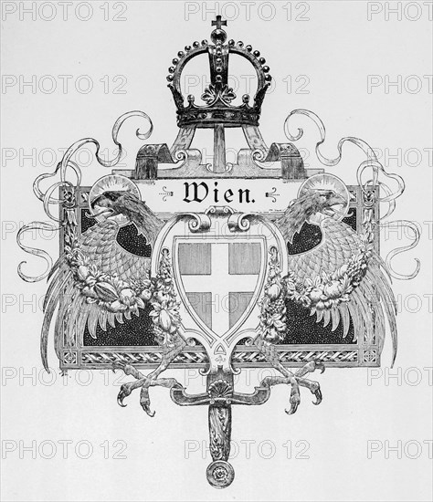 Vienna, emblem, symbol, imperial crown, eagle, sword, ornamentation, Austria, historical illustration 1890, Europe