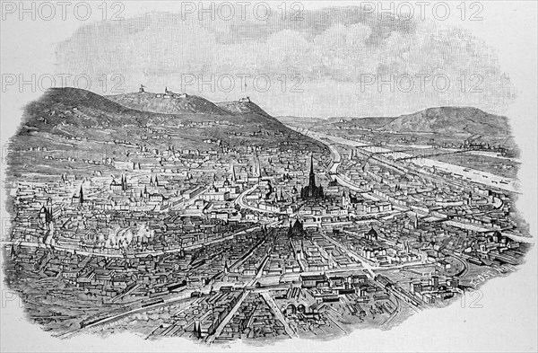 City view of Vienna, buildings, streets, mountains, Danube, Austria, historical illustration 1890, Europe