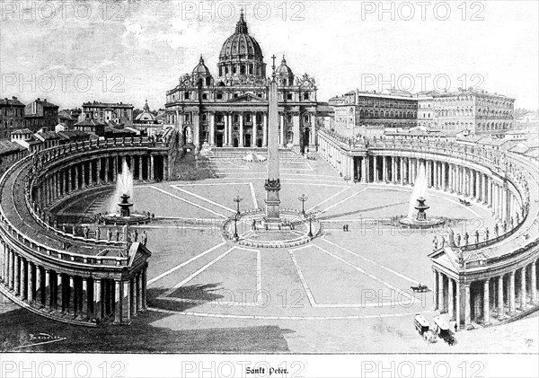 St Peter's Basilica, St Peter's Square, Vatican, Rome, architecture, symmetry, Italy, historical illustration around 1898, Europe