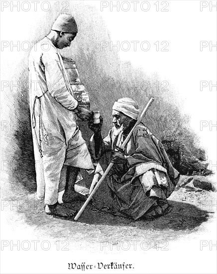 Water seller in Cairo, Egypt, two men, old man, turban, stick, water glass, Africa, historical illustration 1890, Africa