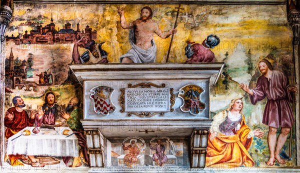 Frescoes with everyday scenes, Duomo di San Marco, old town centre with magnificent aristocratic palaces and Venetian-style arcades, Pordenone, Friuli, Italy, Pordenone, Friuli, Italy, Europe